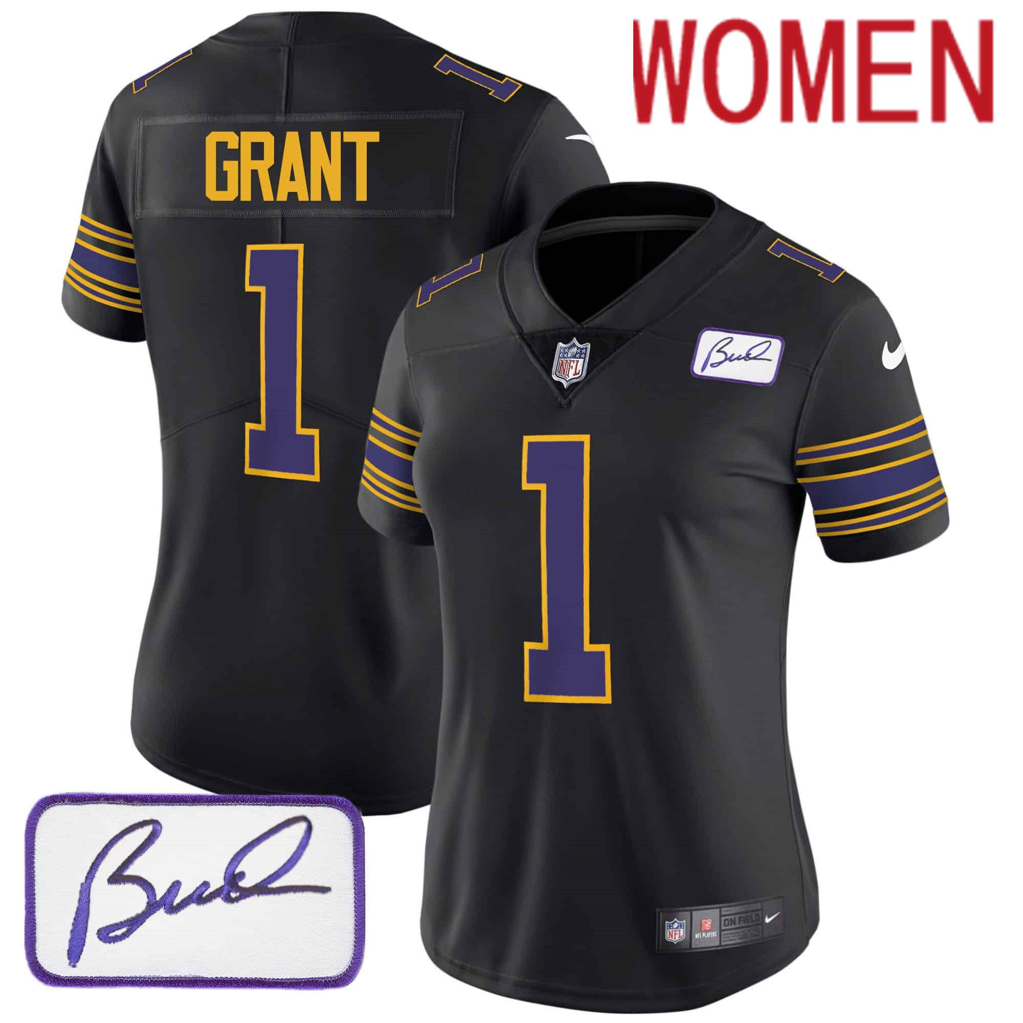 Women Minnesota Vikings #1 Grant Black 2024 Nike Bud Grant Patch Classic Limited NFL Jersey